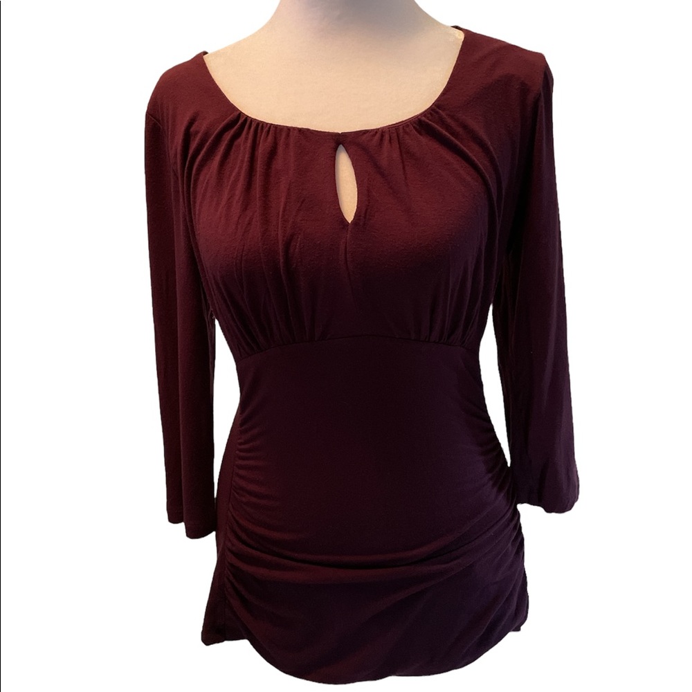 Banana Republic Burgundy 3/4 Sleeve Round Neck with Keyhole Ruched Sides Shirt